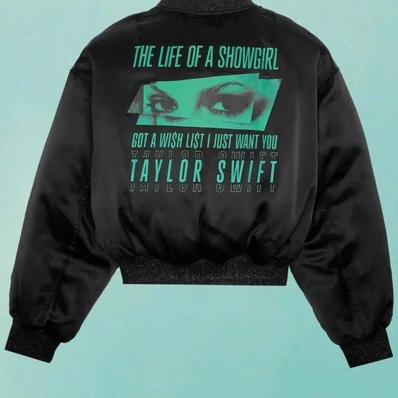 TAYLOR swift merch Black Bomber Jacket with Embroidered Text - Picture 2 of 5